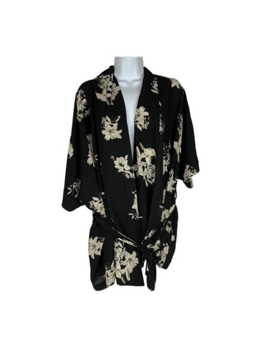Bb Dakota Black Floral Tie-Waist Kimono Style Jacket 100% Polyester Size Small